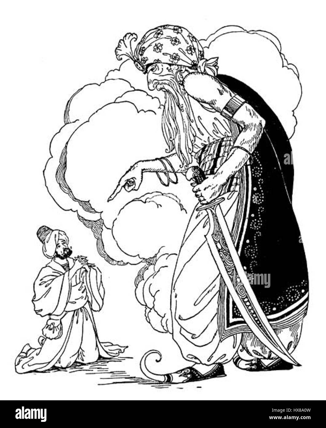 Questa illustrazione tratta da "The Arabian Nights Entertainments" raffigura una scena dei famosi racconti popolari mediorientali, concentrandosi sul misticismo e la meraviglia delle storie. Le opere d'arte catturano i dettagli intricati e la vibrante cultura delle storie. Foto Stock