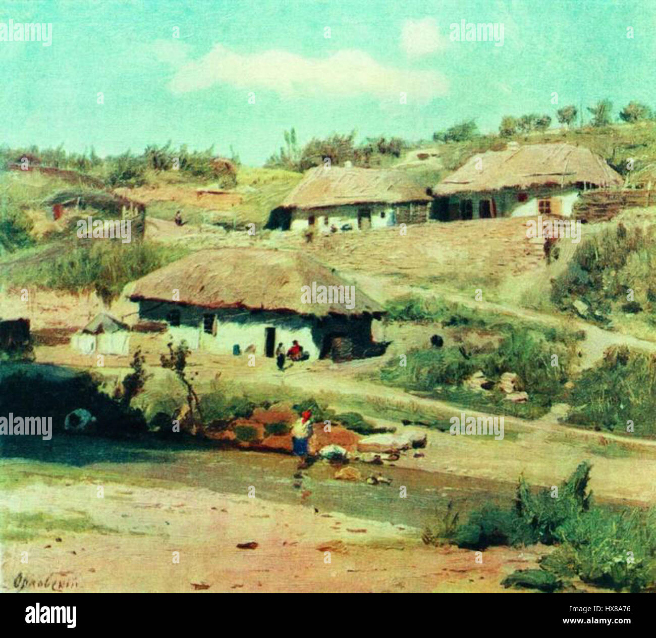 Il dipinto del 1870 di Vladimir Donatovich Orlovski "Case in Summer Day" cattura una tranquilla scena rurale con case semplici ambientate in un tranquillo scenario di campagna. L'opera riflette l'abilità di Orlovski nella pittura paesaggistica e la sua capacità di evocare tranquillità attraverso la sua rappresentazione della vita quotidiana. Foto Stock Il dipinto del 1870 di Vladimir Donatovich Orlovski "Case in Summer Day" cattura una tranquilla scena rurale con case semplici ambientate in un tranquillo scenario di campagna. L'opera riflette l'abilità di Orlovski nella pittura paesaggistica e la sua capacità di evocare tranquillità attraverso la sua rappresentazione della vita quotidiana. Foto Stock