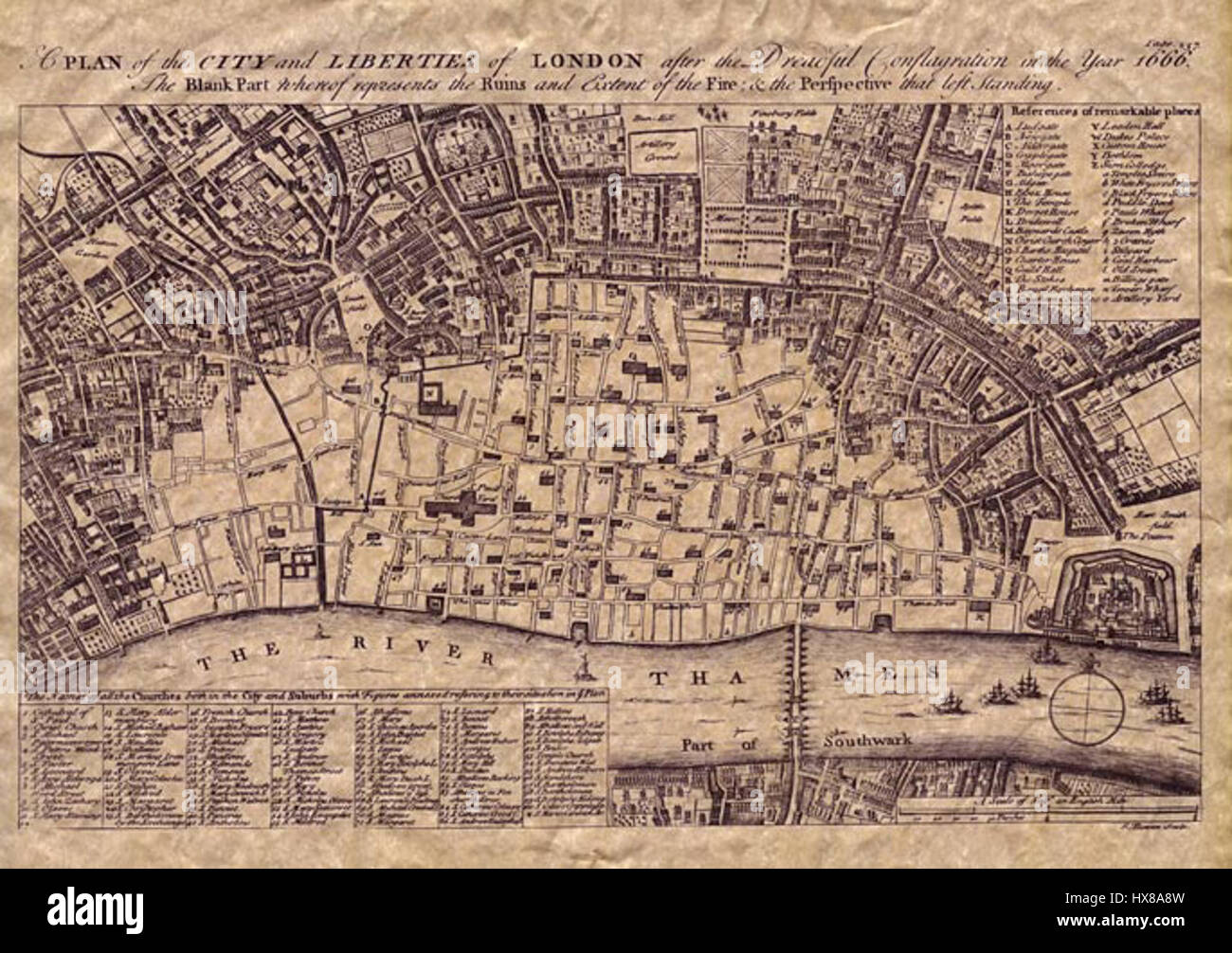 Vecchie carte il Grande Incendio di Londra Foto Stock