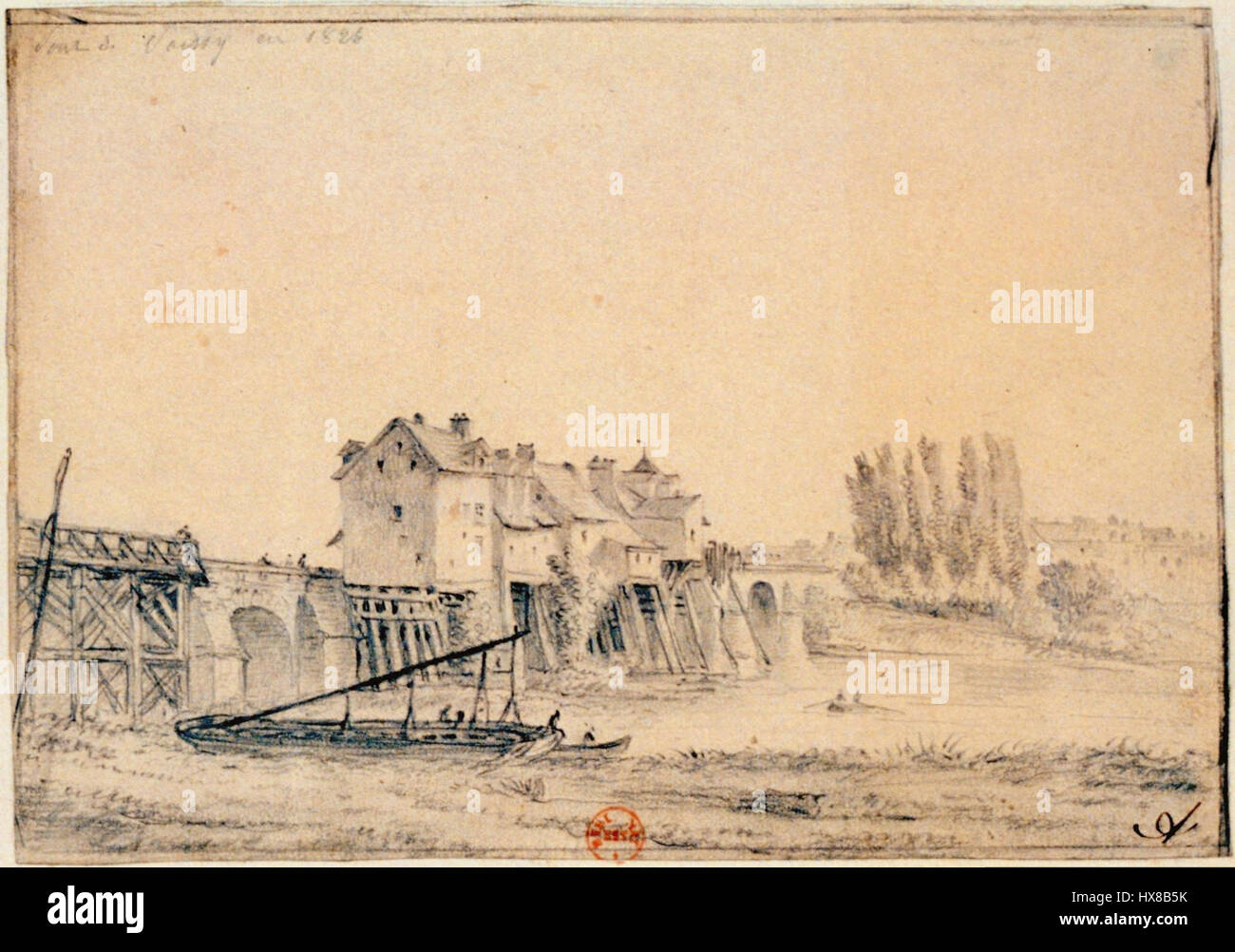 Il dipinto "Poissy Anciens Moulins sur le Pont" raffigura i vecchi mulini lungo il ponte di Poissy, in Francia. Questa storica opera d'arte paesaggistica mostra la tradizionale architettura rurale francese e la pittoresca scena fluviale. Foto Stock