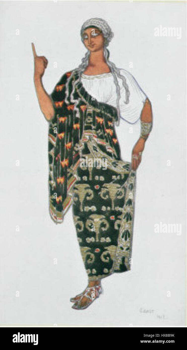 "Phaedra" di Léon Bakst è un costume dal design vibrante e drammatico creato per una produzione di balletto. Il lavoro mostra l'uso distintivo del colore di Bakst e la sua capacità di catturare l'intensità emotiva attraverso l'arte visiva. Foto Stock