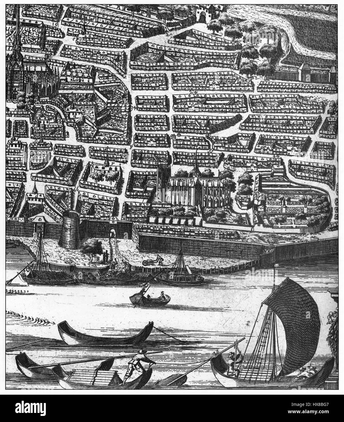 "Vue d'Orléans" di G. Hotot è un dipinto di paesaggio che raffigura la città francese di Orléans. L'opera cattura l'architettura della città e l'ambiente naturale circostante con particolare attenzione alla luce e ai colori. Foto Stock