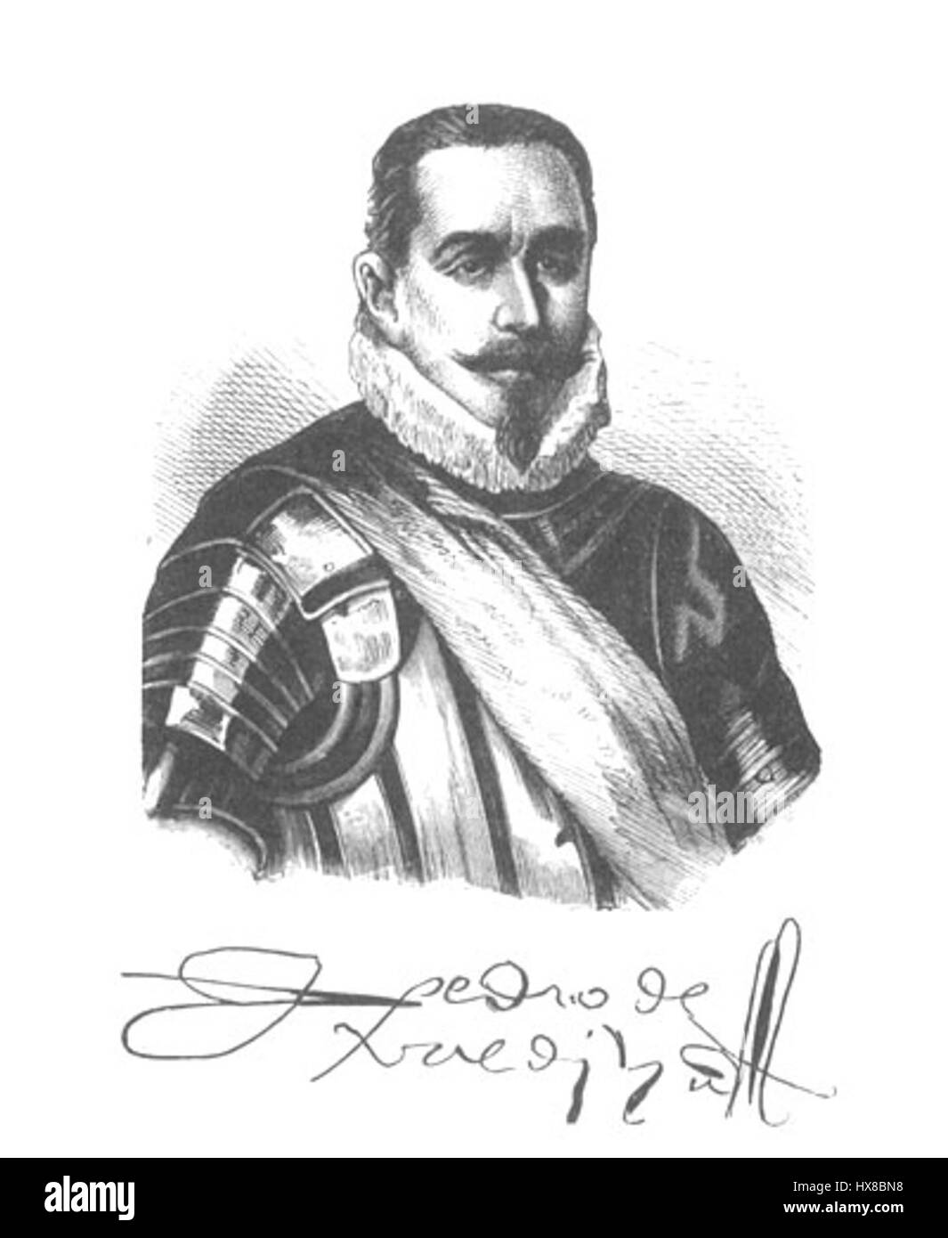 Questo ritratto di Pedro de Valdivia, il conquistador spagnolo, include la sua firma, fornendo un resoconto storico dell'uomo che guidò la conquista spagnola del Cile. L'opera lo ritrae in una posa dignitosa, mostrando il suo ruolo nella storia sudamericana. Foto Stock