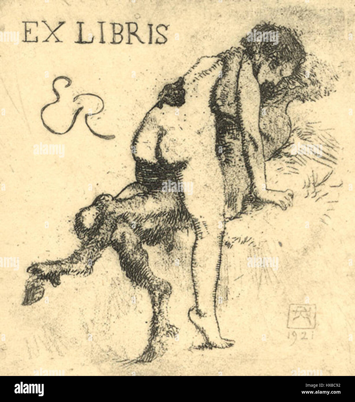 "Ex Libris e R" è un'incisione dell'artista belga Armand Rassenfosse, creata nel 1921. Si tratta di un disegno che esemplifica la sua padronanza nel mezzo, catturando dettagli intricati e simbolismo personale legati alla proprietà e all'identità nella cultura del libro. Foto Stock