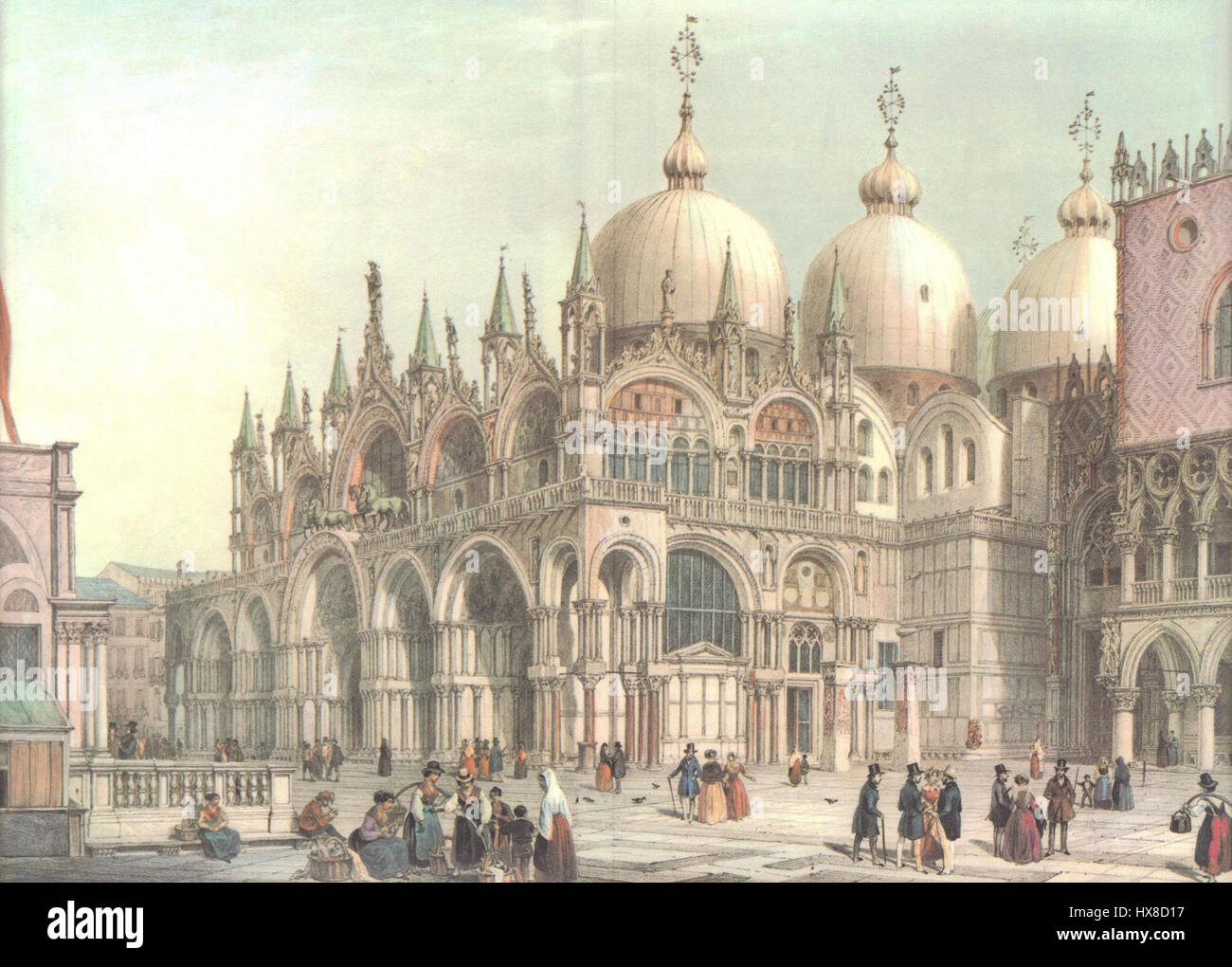 La litografia "San Marco" del 1850 raffigura la famosa basilica di San Marco a Venezia. La stampa illustra la grandiosità e l'intricata architettura della basilica, evidenziando i suoi mosaici in stile bizantino e le facciate dettagliate. La litografia funge da rappresentazione storica della chiesa, che è uno dei monumenti più celebri di Venezia. Foto Stock