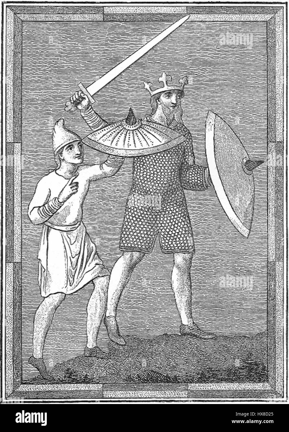 Il "Re sassone e il suo portatore di armature" raffigura una scena storica con un re e il suo guerriero fidato, sottolineando il rapporto tra monarca e protettore. L'opera riflette il sistema feudale e le usanze militari dell'era sassone. Foto Stock Il "Re sassone e il suo portatore di armature" raffigura una scena storica con un re e il suo guerriero fidato, sottolineando il rapporto tra monarca e protettore. L'opera riflette il sistema feudale e le usanze militari dell'era sassone. Foto Stock