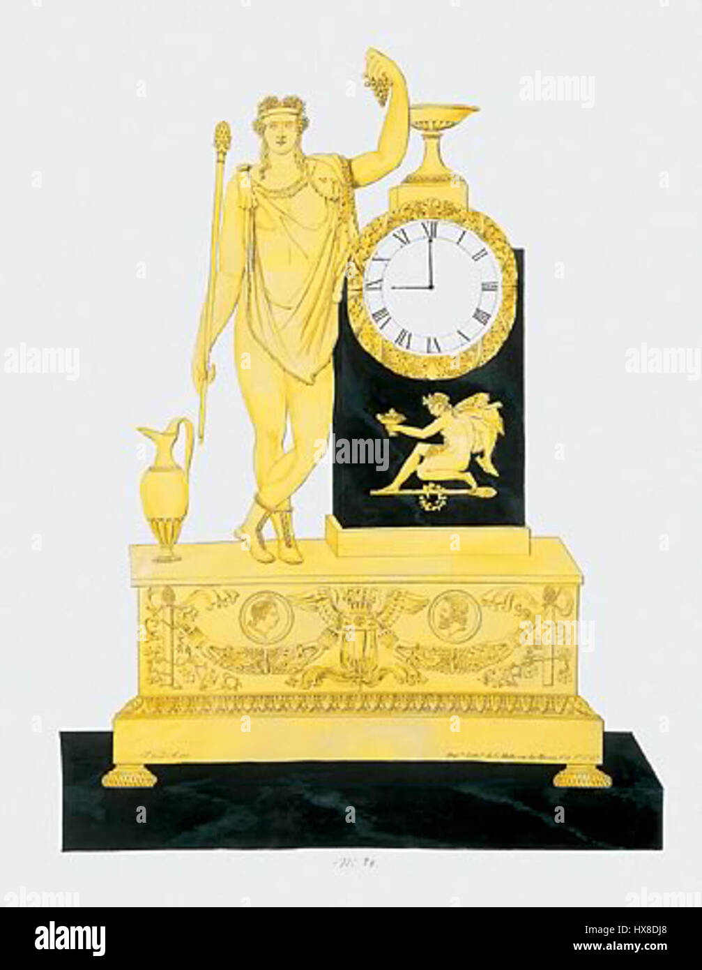 Questo schizzo raffigura un orologio in stile impero francese, che mette in risalto l'intricato design tipico del periodo, con Bacco, il dio romano del vino, che fa parte del disegno ornamentale. L'orologio riflette la grandezza e l'eleganza delle arti decorative francesi del primo XIX secolo Foto Stock