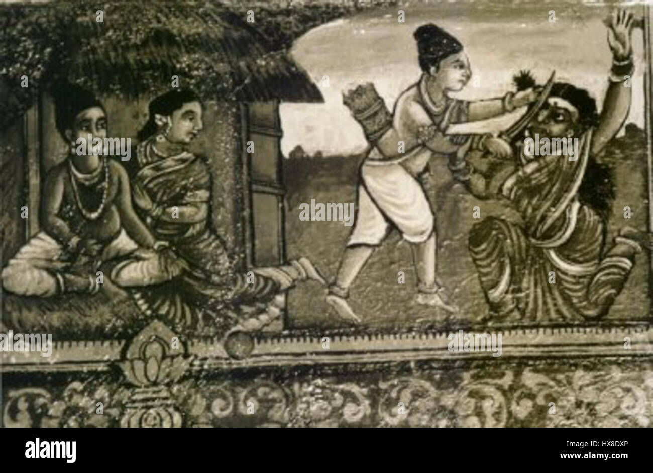 "L'umiliazione di Shurpanakhi" è una rappresentazione di una scena dell'epico indiano Ramayana. Illustra il momento in cui la demona Shurpanakhi, nel suo desiderio per l'amore di Ravana, affronta il rifiuto e l'umiliazione pubblica di Rama e Lakshmana. Foto Stock