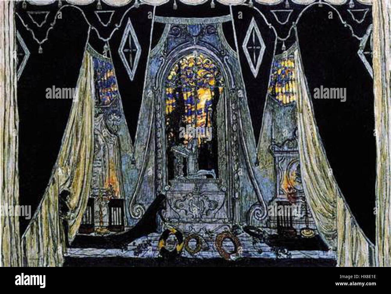 *Stone Guest* di A. Golovin è un disegno scenico creato per la produzione dell'opera di Alexander Dargomyzhsky. Il design di Golovin cattura l'atmosfera inquietante e soprannaturale dell'opera, utilizzando dettagli intricati per dare vita ai personaggi e all'ambientazione. Foto Stock