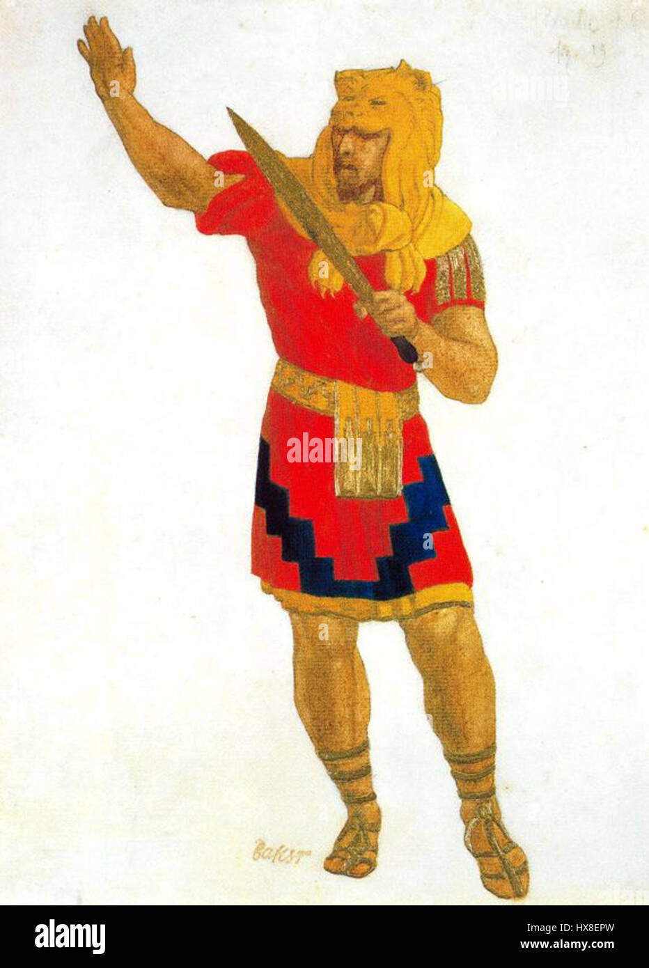 Il costume disegnato da Leon Bakst per il personaggio di Theseus in una produzione teatrale esemplifica il suo stile distintivo, caratterizzato da colori ricchi, motivi intricati e forme drammatiche. Il design di Bakst cattura l'essenza del mitico eroe, enfatizzando elementi visivi audaci. Foto Stock
