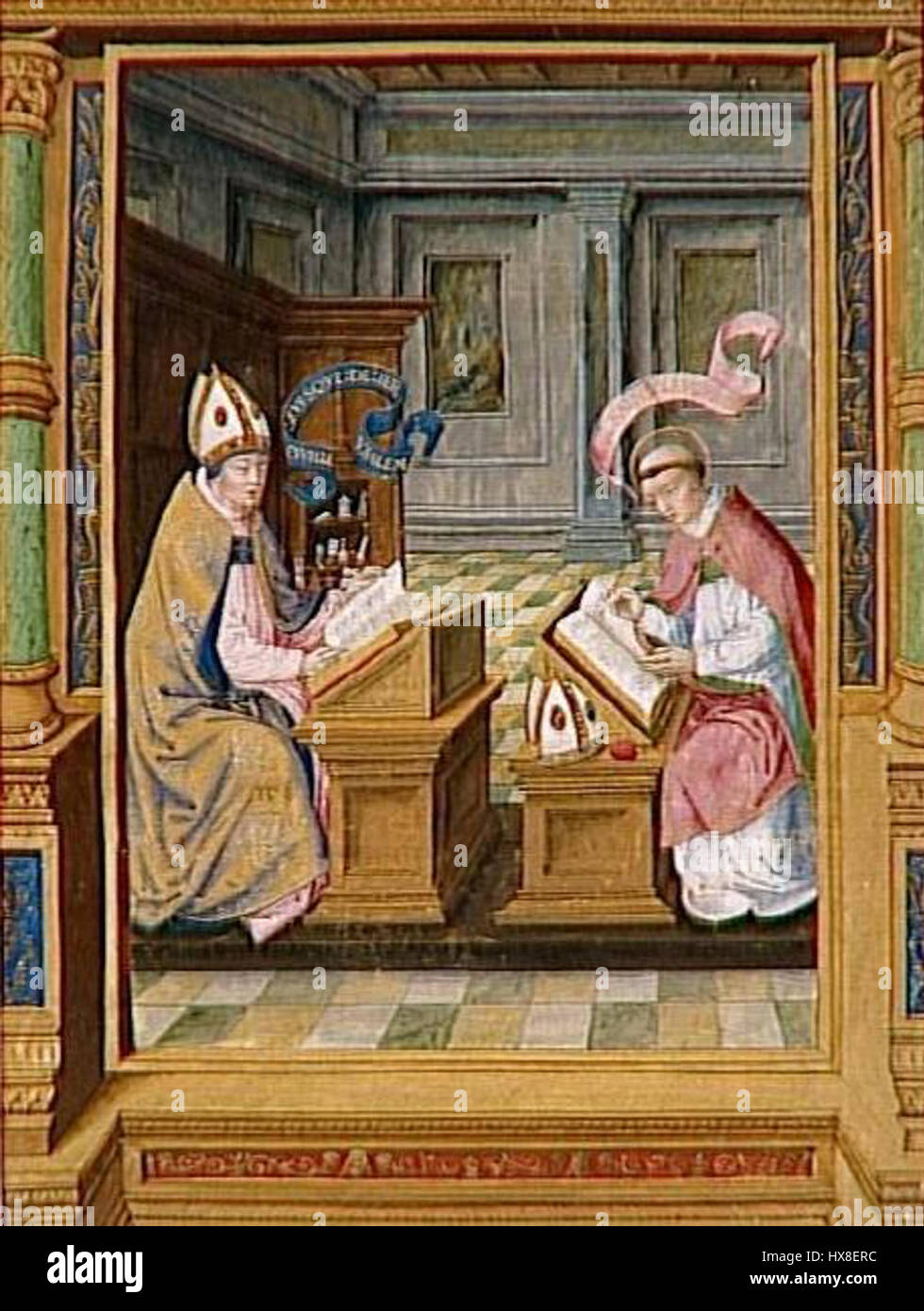 Questa opera d'arte ritrae Sant'Agostino, un influente teologo cristiano, e San Cirillo di Gerusalemme, un importante padre della Chiesa. Entrambe le figure sono rappresentate come centrali per la diffusione della teologia cristiana nei rispettivi periodi. Foto Stock