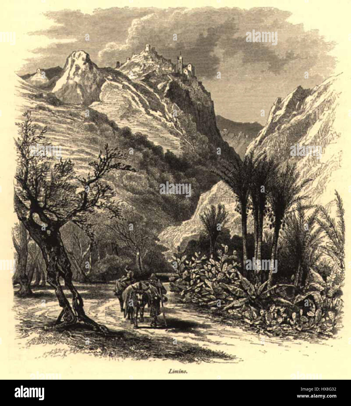 "Limino" è un'incisione di Josiah Wood Whymper, realizzata nel 1878 dopo un lavoro di Harry Fenn. Il pezzo raffigura una scena paesaggistica drammatica, che mostra l'abilità di Whymper nel catturare la natura. Foto Stock