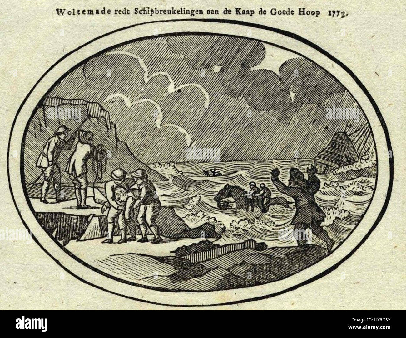 "Woltemade op een centsprent" (Woltemade su un penny print) raffigura una scena storica del passato del Sudafrica. Questa stampa onora Woltemade, una figura notevole nella storia iniziale del paese, commemorando il suo coraggio e il suo ruolo nella storia del Sudafrica. Foto Stock