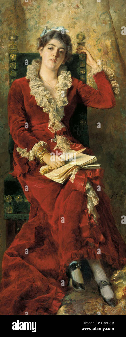 "Yulia Pavlovna Makovskaja" di K. Makovskij (1881) è un ritratto di un aristocratico russo, che mostra i dettagli raffinati dell'aristocrazia russa del XIX secolo. Il dipinto mette in evidenza l'eleganza e lo status sociale del soggetto nel tardo Impero russo. Foto Stock