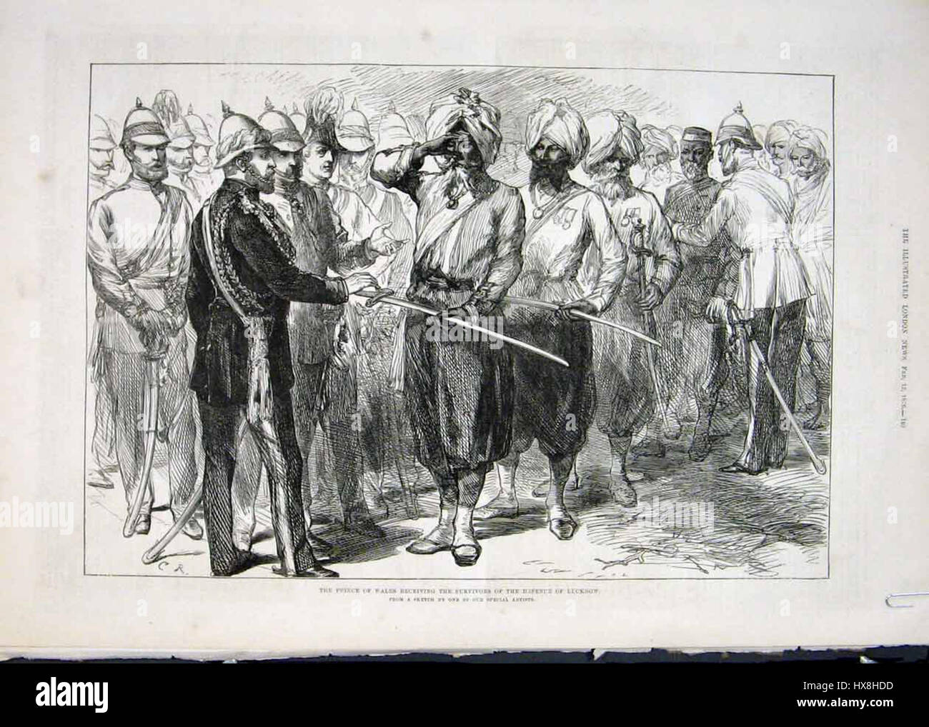 "Il Principe di Galles a Lucknow" si riferisce a un evento storico in cui il Principe di Galles, in seguito Re Edoardo VII, visitò la città indiana di Lucknow. La visita fu significativa sia per le relazioni anglo-indiane che per lo scambio culturale tra le due regioni durante il dominio coloniale britannico alla fine del XIX secolo. Foto Stock