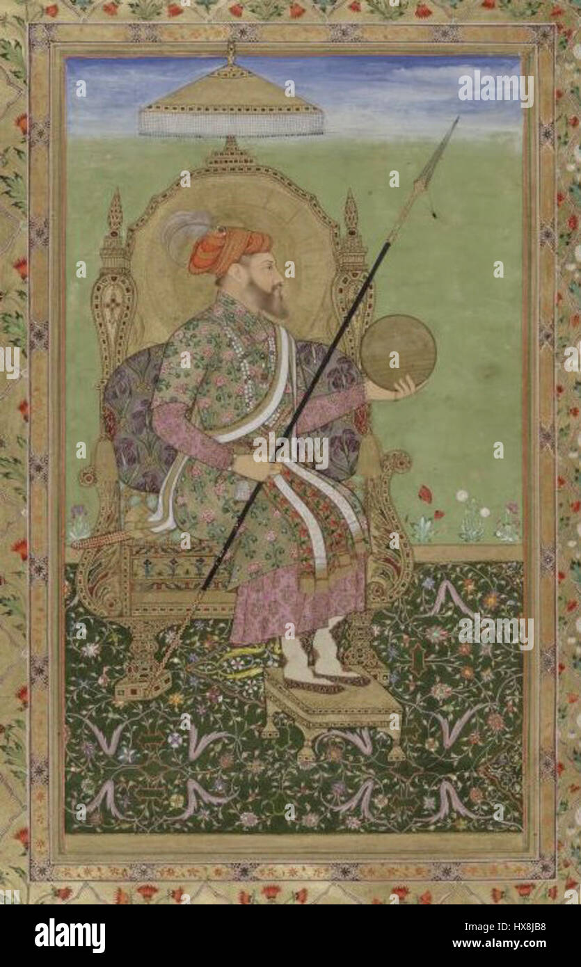 Il *Ritratto dell'imperatore Shajahan* raffigura l'imperatore moghul seduto su un elaborato trono, mostrando il suo abbigliamento regale e la maestà imperiale. Questo lavoro mette in evidenza l'opulenza e la grandezza dell'Impero Moghul durante il regno di Shajahan. Foto Stock