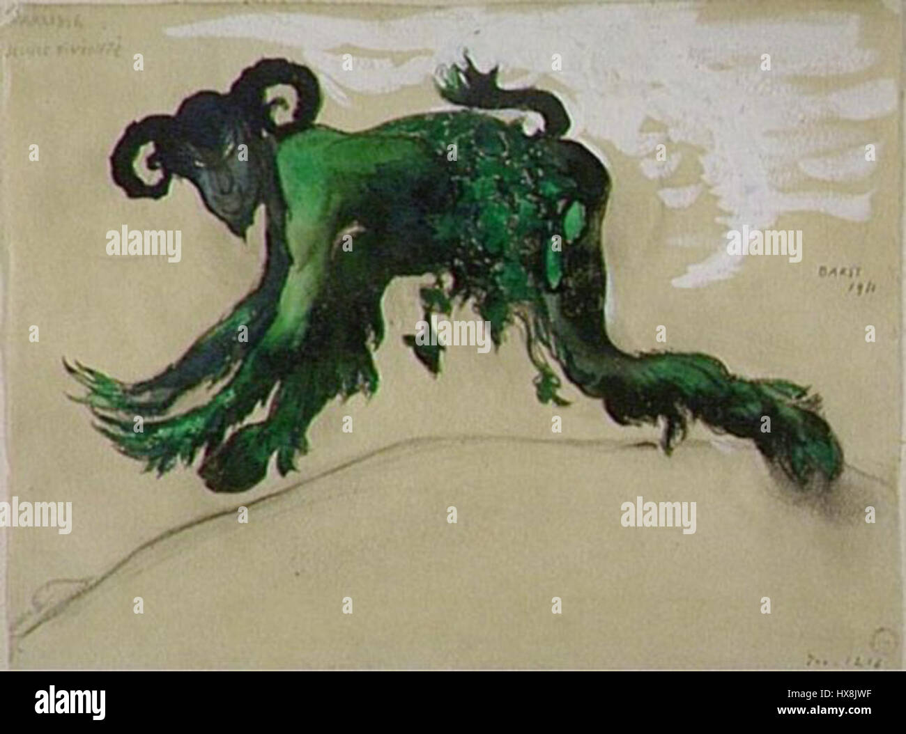 "Young Pan" di Leon Bakst ritrae il dio greco Pan in una posa giovane e dinamica, catturando la sua natura giocosa e maliziosa. Noto per la sua abilità nel design teatrale e in costume, il lavoro di Bakst è vivace, con colori ricchi e forme espressive che danno vita alla personalità mitologica di Pan. Foto Stock