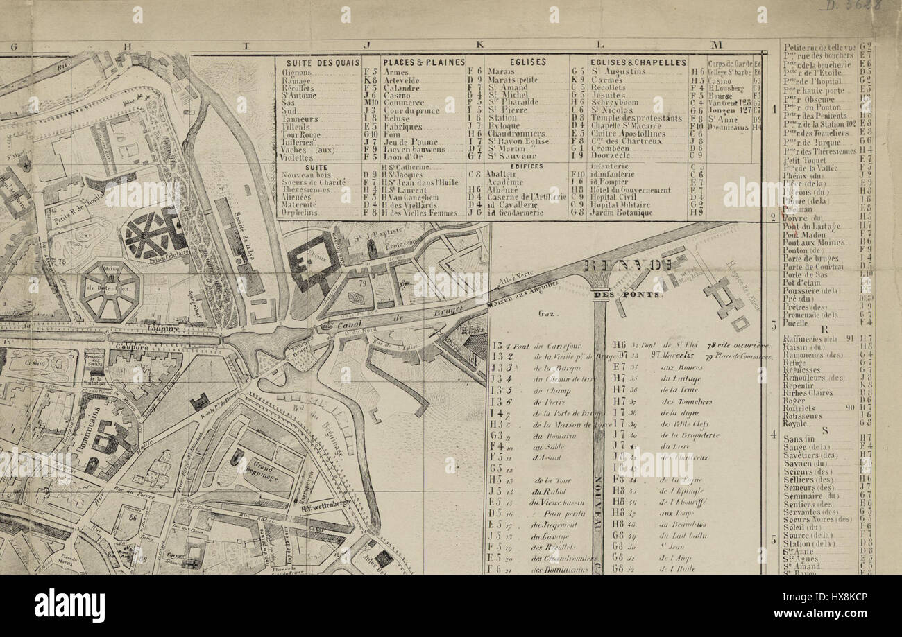 Questo dettaglio della mappa di Gand di Tessaro mostra un intricato disegno cartografico. La mappa mette in risalto il layout della città con precisione e dettagli, offrendo uno sguardo alla cartografia storica. Foto Stock