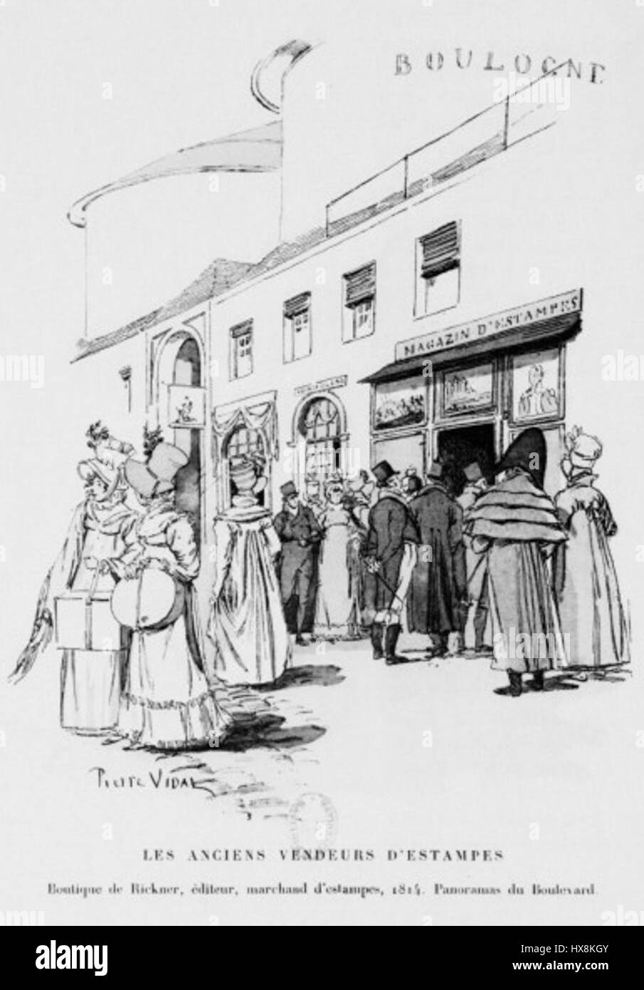 "Vendeurs d'estampes" raffigura una scena di venditori di stampe in un mercato. L'opera d'arte cattura la vita quotidiana dei mercanti che trattano stampe, evidenziando l'importanza commerciale e culturale della stampa durante il periodo. Foto Stock