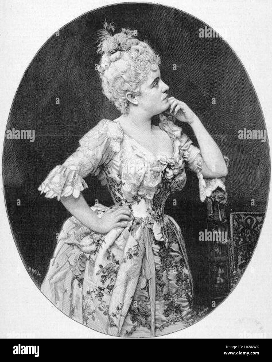 Sibyl Sanderson, un soprano americano, è raffigurato come Manon in questo famoso ritratto teatrale. L'immagine cattura Sanderson in costume come il personaggio iconico dell'opera "Manon" di Jules Massenet, che mostra la sua performance drammatica e il suo ruolo nella storia dell'opera. Foto Stock