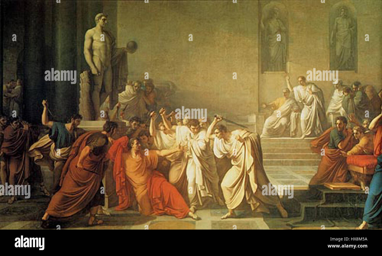 L'assassinio di Cesare è una rappresentazione dell'assassinio di Giulio Cesare, un evento chiave nella storia romana. Questa scena evidenzia il momento drammatico in cui Cesare fu tradito e ucciso dai suoi stessi senatori, illustrando temi di potere, tradimento e intrighi politici nell'antica Roma. Foto Stock