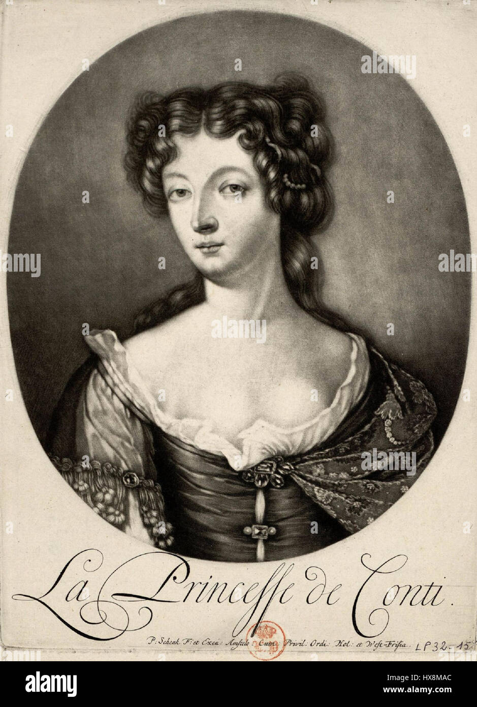 Marie Anne de Bourbon era una nobildonna francese, raffigurata in questa incisione da Pieter Schenk. Il ritratto cattura l'eleganza e la nobiltà dell'aristocrazia francese durante il XVII secolo. Foto Stock