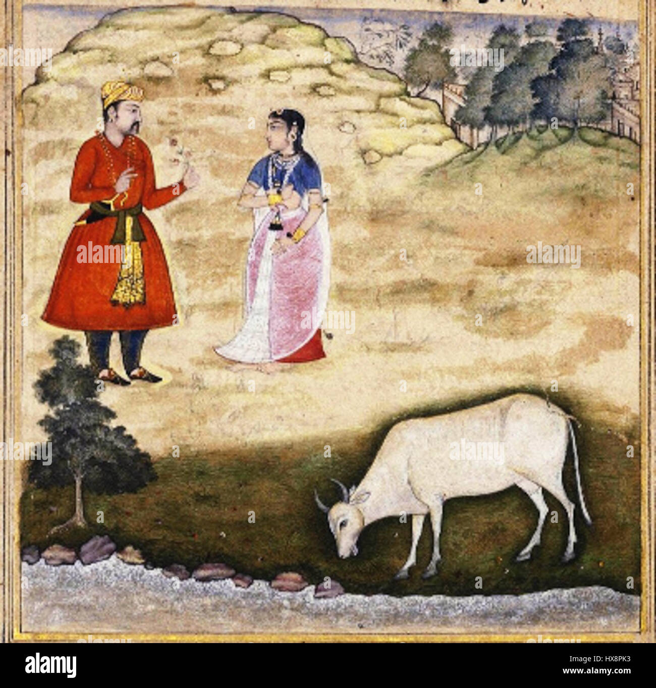 L’opera d’arte “la moglie di uno dei Vasus è tentata di rubare la mucca che porta i desideri” raffigura una scena della mitologia indù. Mostra una delle moglie del Vasu, tentata di rubare la vacca divina che regge il desiderio, un atto legato ai racconti vedici di conflitto morale e divino. Foto Stock