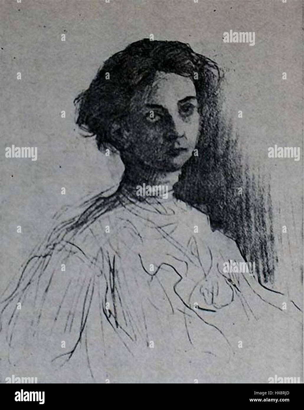 Questo ritratto di Moisei Slepian raffigura V.F. Komissarzhevskaya nel suo ruolo di Varvara, catturando l'intensità teatrale e il carattere espressivo dell'attrice. Il dipinto mette in evidenza il significato del teatro russo e la rappresentazione drammatica all'inizio del XX secolo. Foto Stock