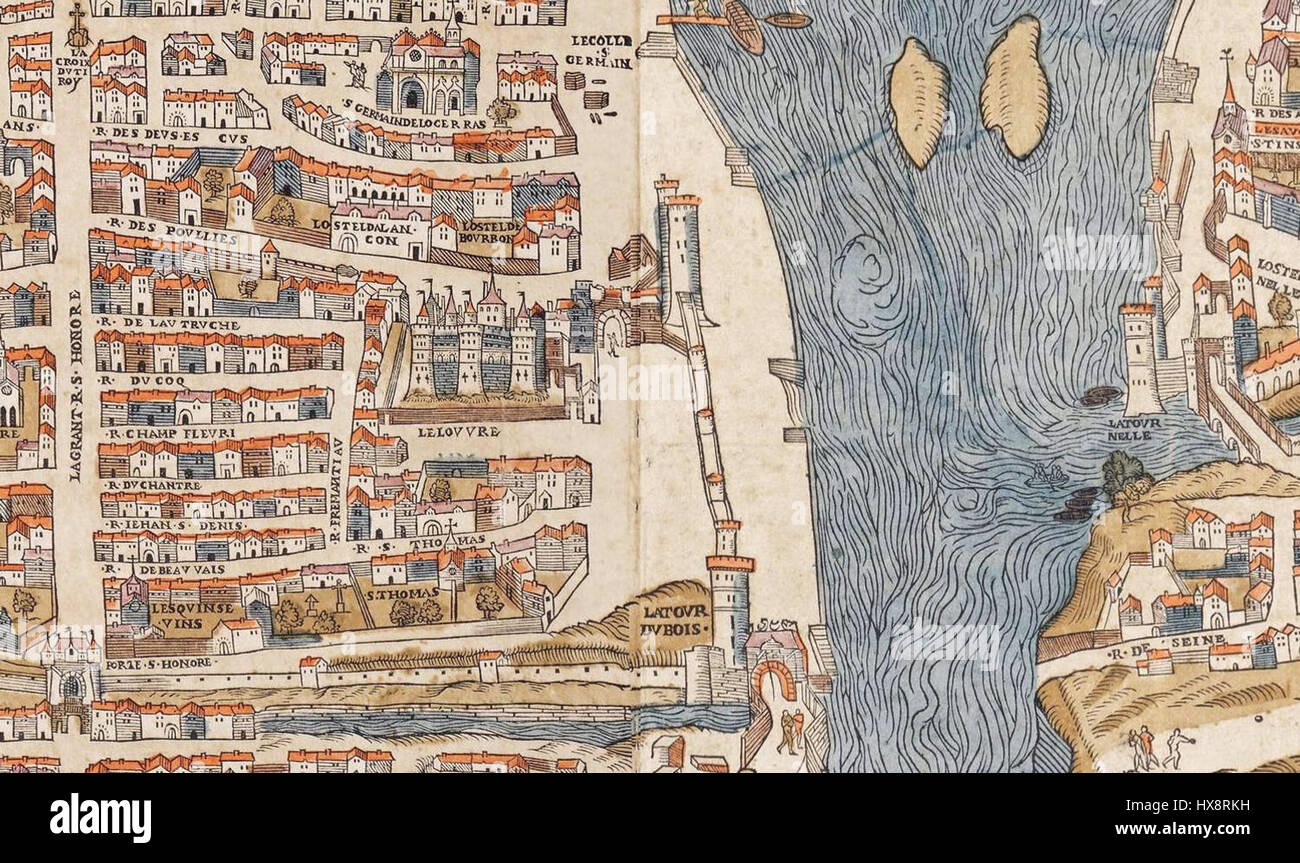 Questa mappa del 1550 di Parigi mostra la disposizione della città intorno al Louvre, catturando il paesaggio urbano e le caratteristiche architettoniche del periodo. Foto Stock