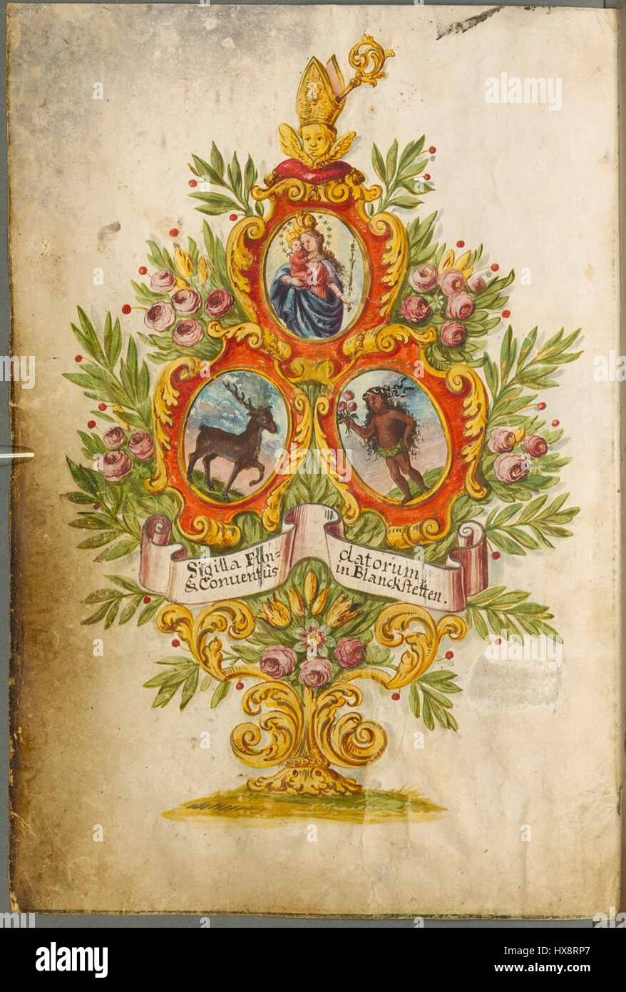 Stifterwappen Plankstetten BSB si riferisce a un simbolo araldico storico associato all'abbazia di Plankstetten in Baviera, Germania. Il simbolo, chiamato "Stifterwappen", rappresenta lo stemma del fondatore dell'abbazia. Questo emblema fa parte della ricca storia e dell'eredità dell'abbazia, simboleggiando la sua fondazione, il suo patrocinio e la vita monastica che ha fiorito lì nel corso dei secoli. Foto Stock