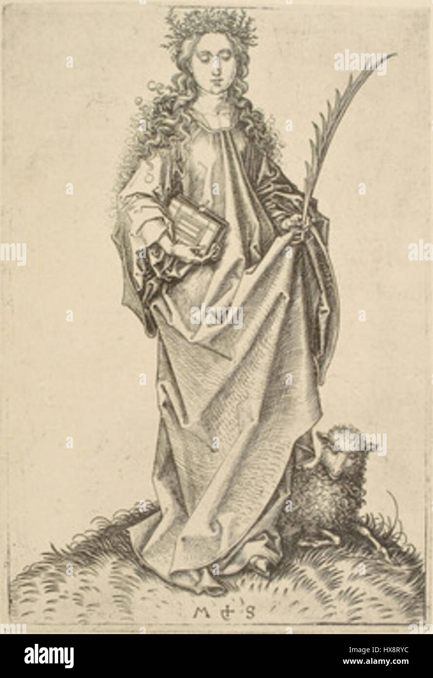 "Die heilige Agnes mit dem Lamm" di Martin Schongauer è un'incisione del XV secolo che raffigura Sant'Agnese con in mano un agnello, simbolo di purezza e innocenza nell'iconografia cristiana. Foto Stock