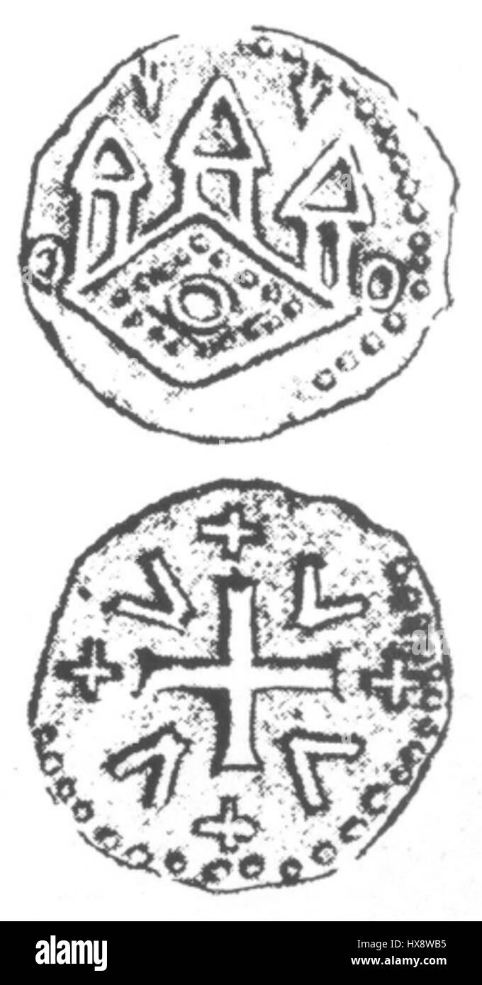 La Tübinger Pfennig è una moneta medievale del XII-XIII secolo, originaria della regione di Tübingen. Rappresenta la storia monetaria del Sacro Romano Impero e del commercio medievale. Foto Stock