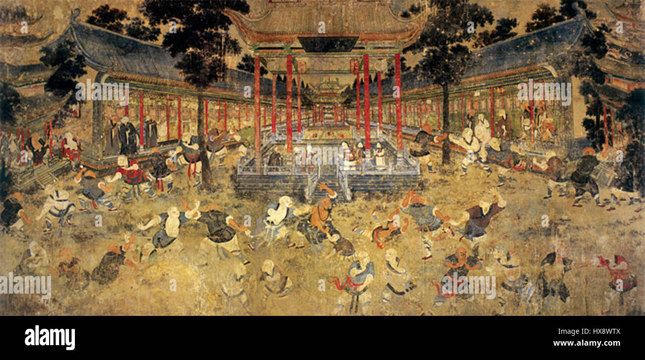 Il murale Shaolin è una famosa opera d'arte situata nel Tempio Shaolin, che raffigura momenti chiave nella storia dei monaci Shaolin. Il murale è rinomato per la sua rappresentazione delle arti marziali e degli insegnamenti buddisti, mostrando scene storiche con vividi dettagli e simbolismo. Foto Stock