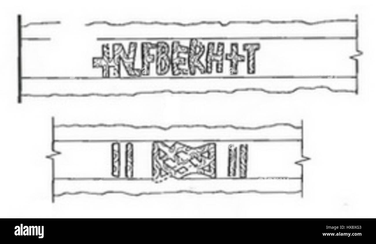 *Ulfberht* è una leggendaria spada vichinga, rinomata per la sua alta qualità e l'iscrizione distintiva. Queste spade, note per la loro forza e abilità artigianale, furono usate dai guerrieri vichinghi nel primo periodo medievale, rappresentando l'avanzata metallurgia dell'epoca. Foto Stock