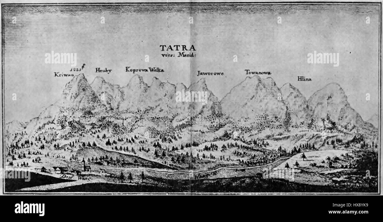 "MAPA Vysoké Tatier" di Vačeca, una mappa del 1793 raffigurante gli alti Tatra, una catena montuosa della Slovacchia, che mostra dettagli geografici e topografici importanti per la cartografia della regione. Foto Stock