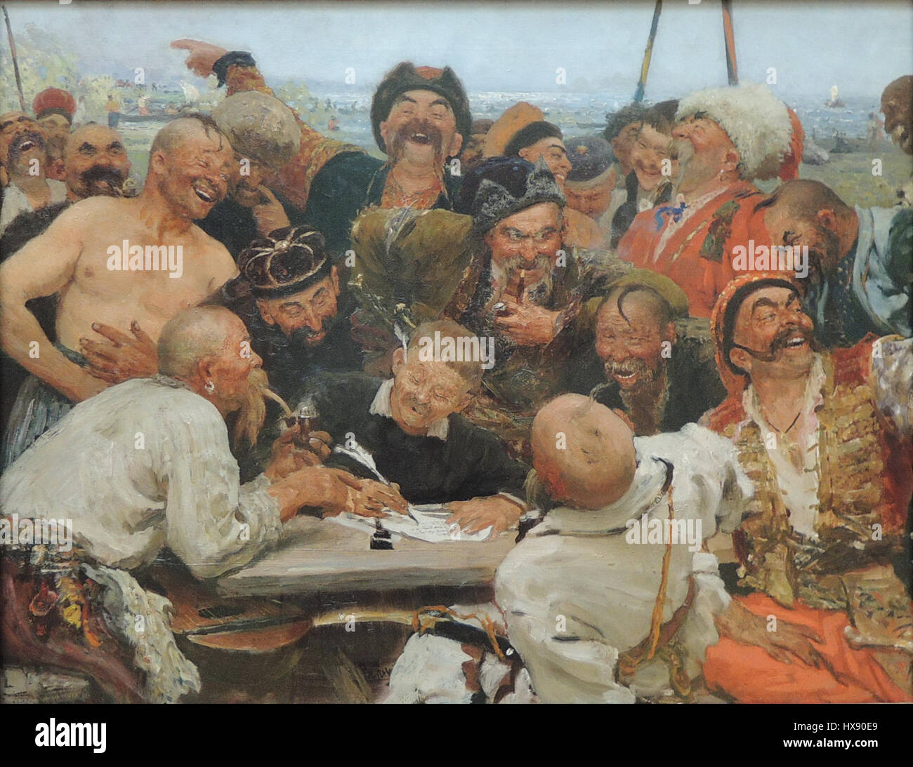 Lo schizzo intitolato "Reply of the Zaporozhian Cosacks" (risposta dei cosacchi zaporozhiani), creato tra il 1880 e il 1890, raffigura la leggendaria risposta ribelle dei cosacchi al sultano turco. Questo momento della storia viene catturato nel lavoro, mostrando lo spirito di resistenza e coraggio. Foto Stock