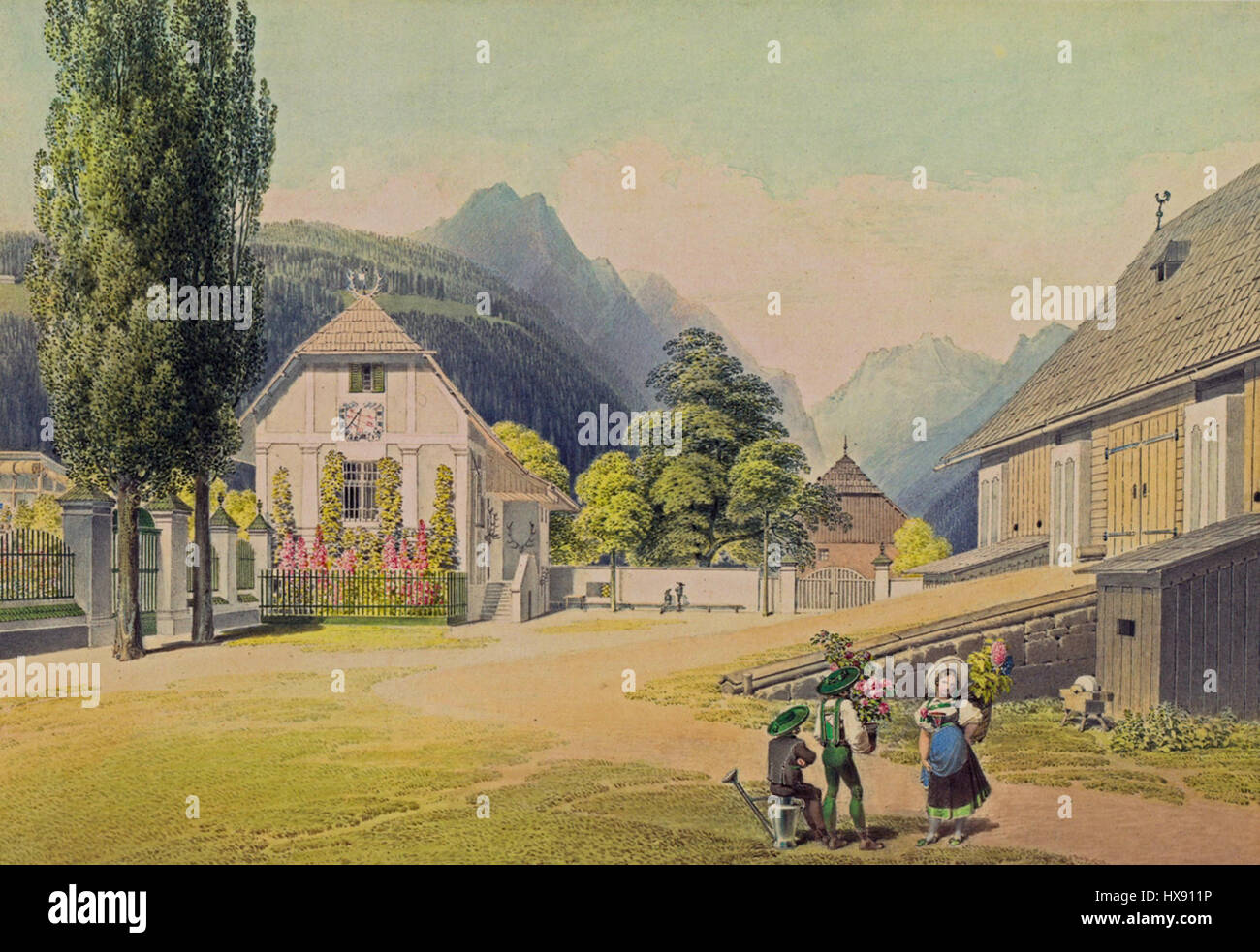Questo dipinto del 1824 intitolato "Loder Glöcklhof" cattura un paesaggio rurale con un caratteristico edificio in primo piano. L'artista utilizza una tavolozza di colori delicati per evocare la serenità della campagna, riflettendo la vita pacifica dell'Europa rurale. Foto Stock Questo dipinto del 1824 intitolato "Loder Glöcklhof" cattura un paesaggio rurale con un caratteristico edificio in primo piano. L'artista utilizza una tavolozza di colori delicati per evocare la serenità della campagna, riflettendo la vita pacifica dell'Europa rurale. Foto Stock