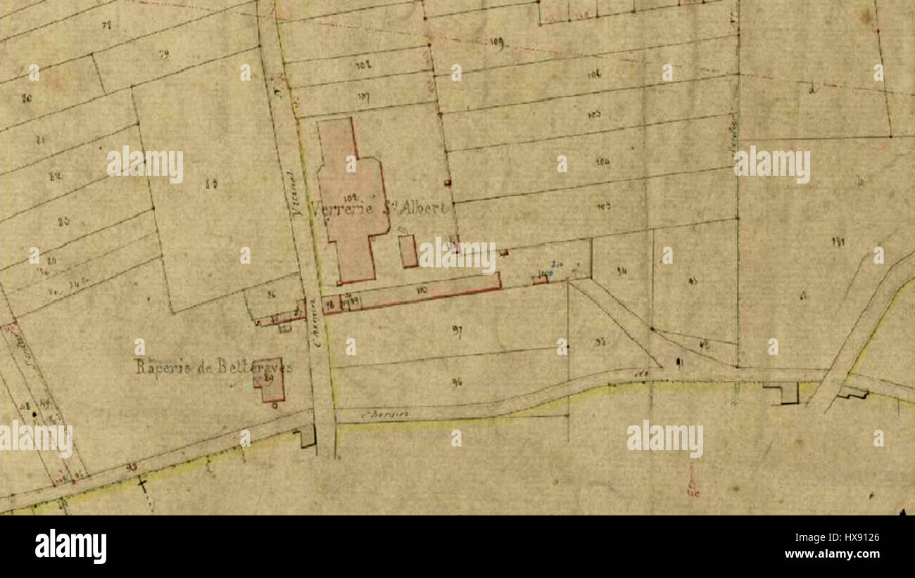 Questa mappa catastale del 1876 raffigura la Verrerie Saint Albert, che mostra le linee della proprietà e i dettagli della proprietà del periodo. La mappa fornisce preziose informazioni storiche sulla distribuzione del territorio e sulla pianificazione urbana. Foto Stock