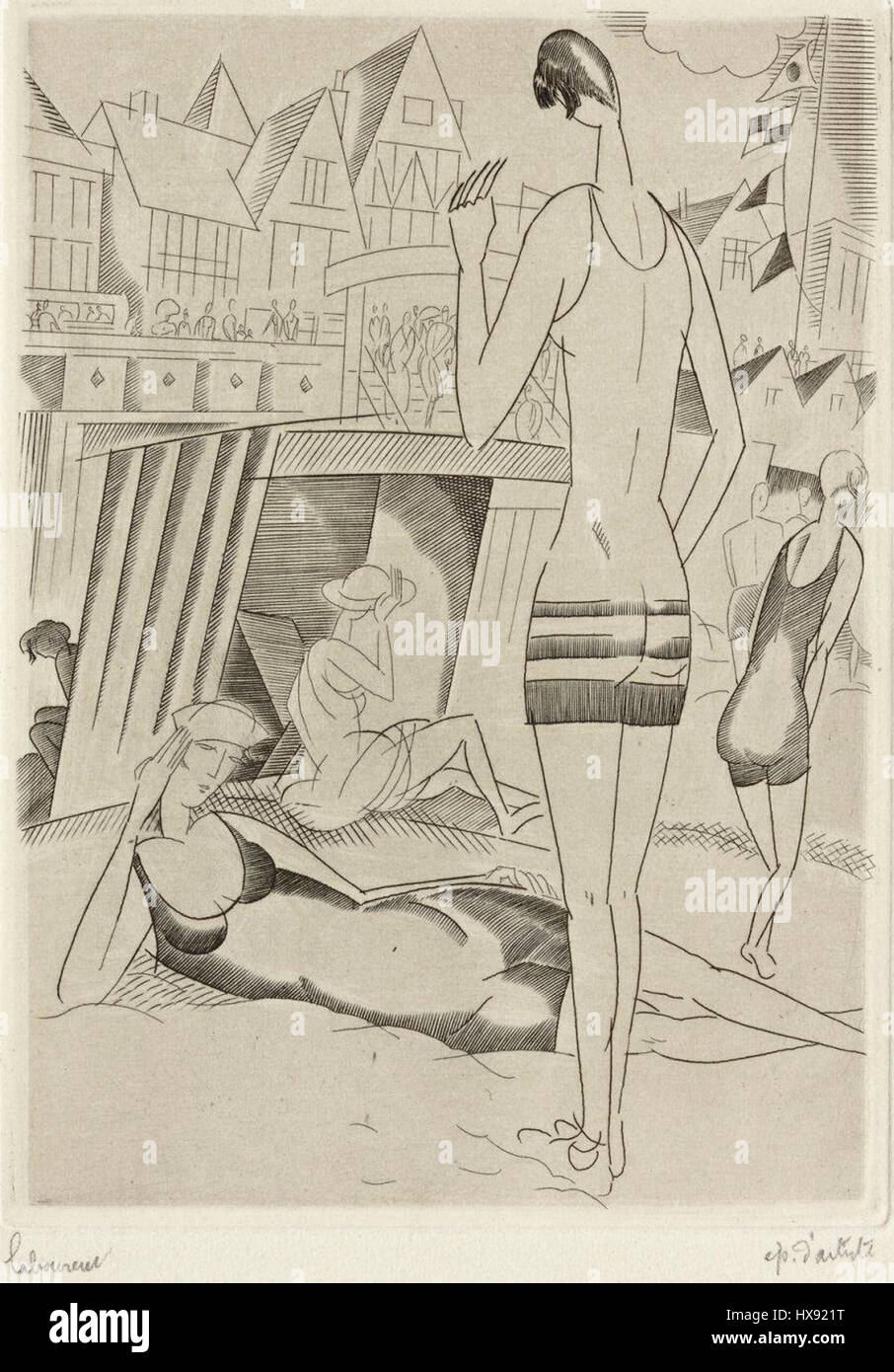 Una scena balneare dipinta nel 1928, che mostra la bellezza della spiaggia e l'atmosfera tranquilla dell'oceano, tipica dell'arte costiera dei primi anni del XX secolo. Foto Stock