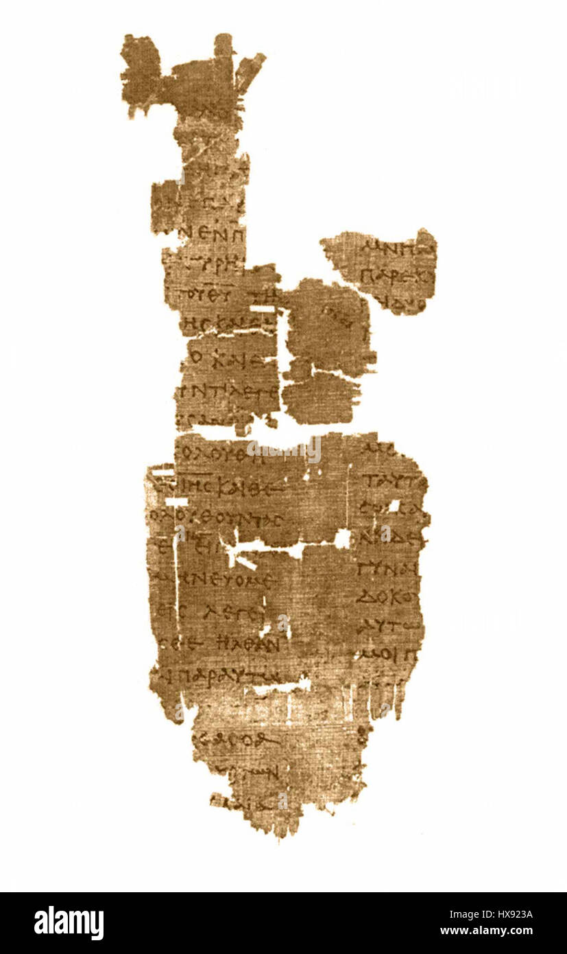 Questo frammento di papiro, designato come Papiro 5 Oxyrhynchus, contiene parte del Vangelo di Giovanni (Giovanni 1:20) ed è ospitato nella British Library. Risale al II o III secolo d.C. ed è un'opera importante per gli studi testuali dei primi manoscritti cristiani e della storia biblica. Foto Stock