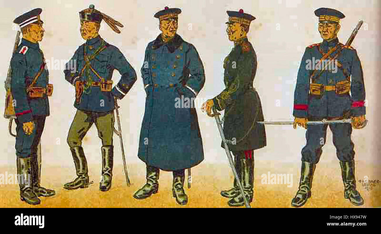Le "uniformi dell'esercito imperiale cinese 1917" sono uno studio storico dell'abbigliamento militare indossato dai soldati cinesi durante la tarda dinastia Qing. Le uniformi riflettono i cambiamenti culturali e politici del periodo, segnando una transizione nella storia cinese. Foto Stock