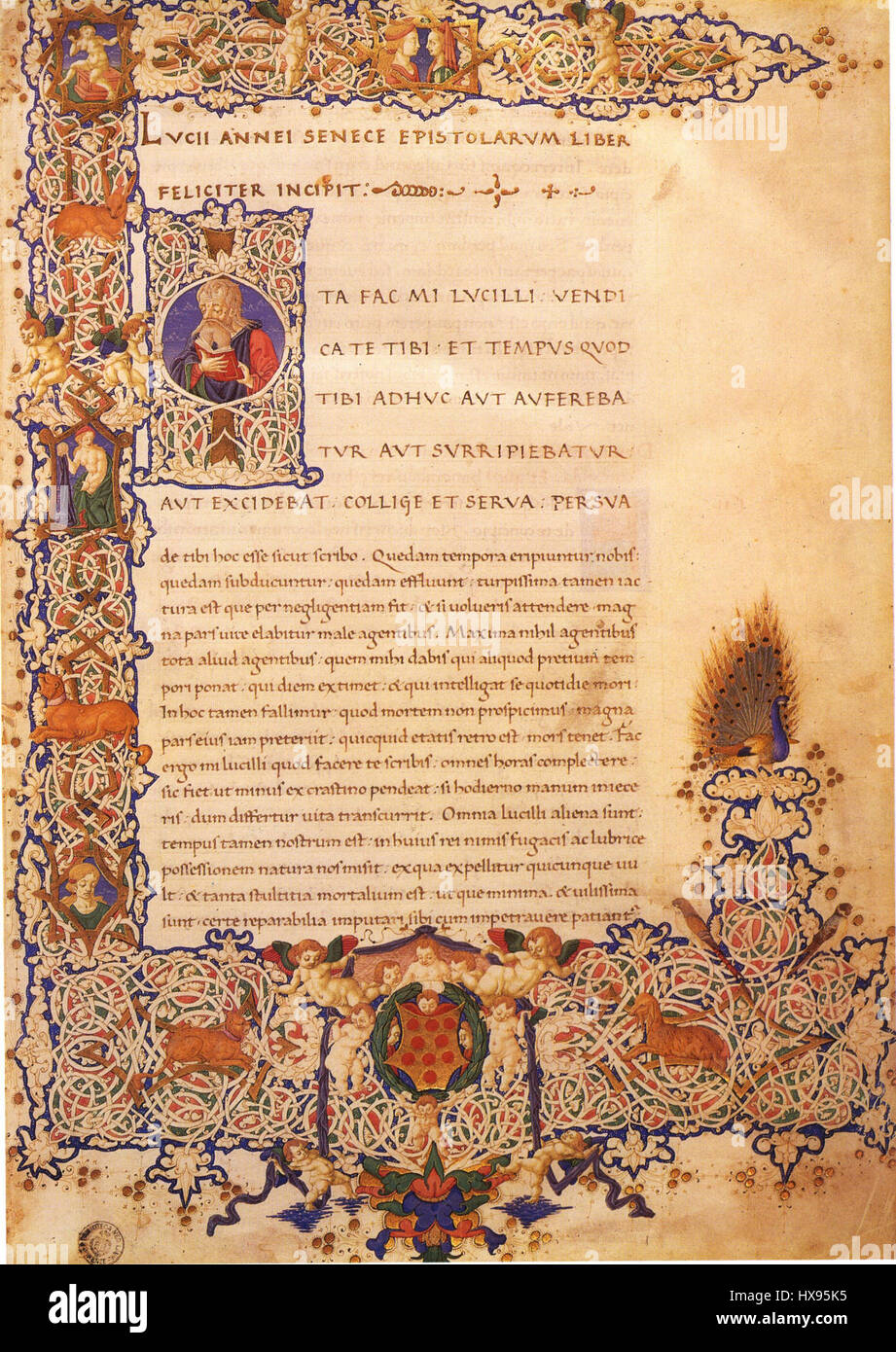 Questo manoscritto di "lettere" di Seneca il giovane fa parte di una collezione conservata nella sezione plutarica della biblioteca di Firenze. Le lettere di Seneca esplorano la filosofia stoica, l'etica personale e i consigli morali, offrendo approfondimenti sul pensiero e sui valori romani durante il i secolo d.C. Foto Stock