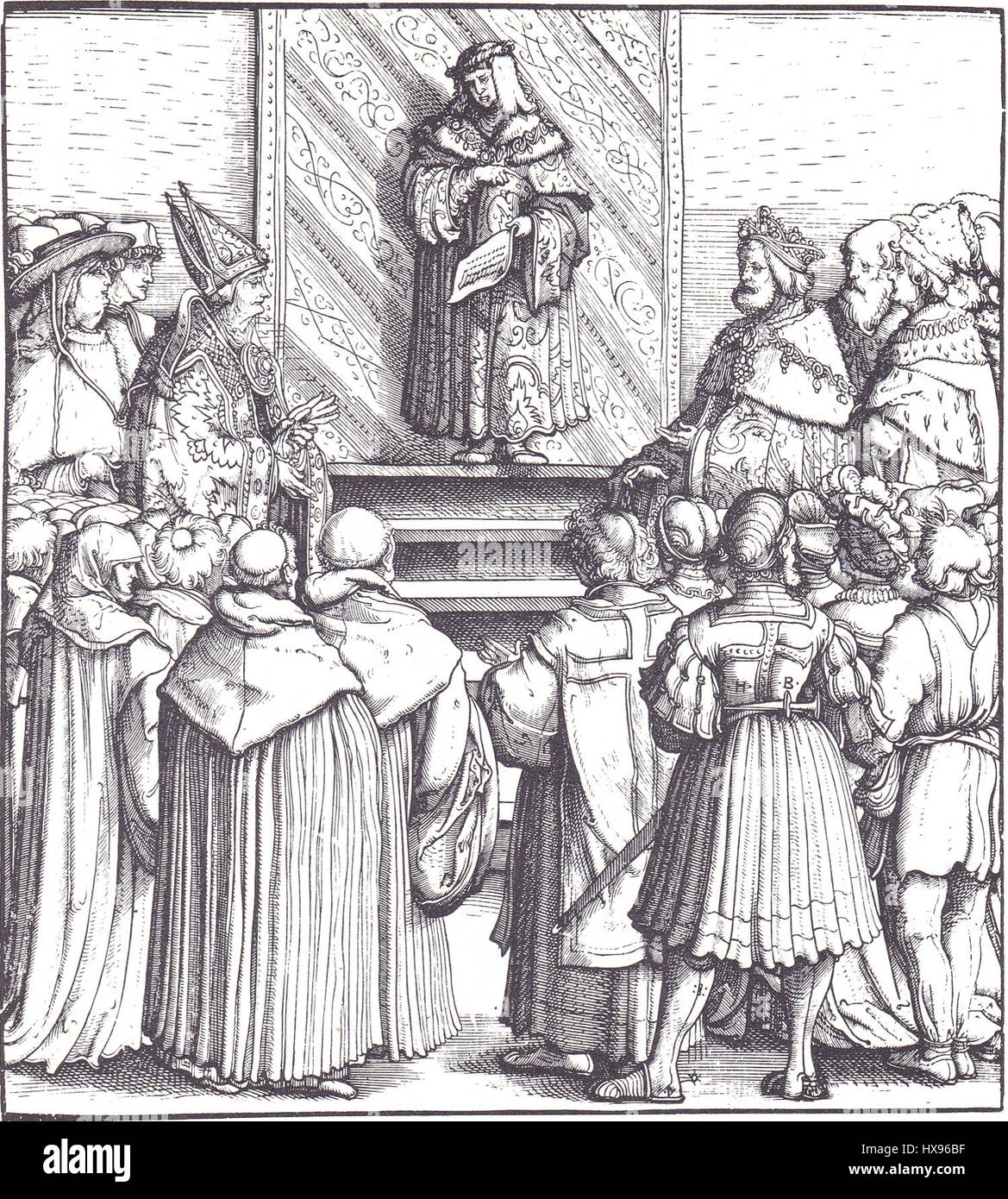 Il dipinto *Massimiliano e gli Stati* raffigura il rapporto storico tra l'imperatore Massimiliano i e le proprietà del Sacro Romano Impero. Riflette le dinamiche politiche e l'equilibrio di potere durante il periodo del regno di Massimiliano. Foto Stock