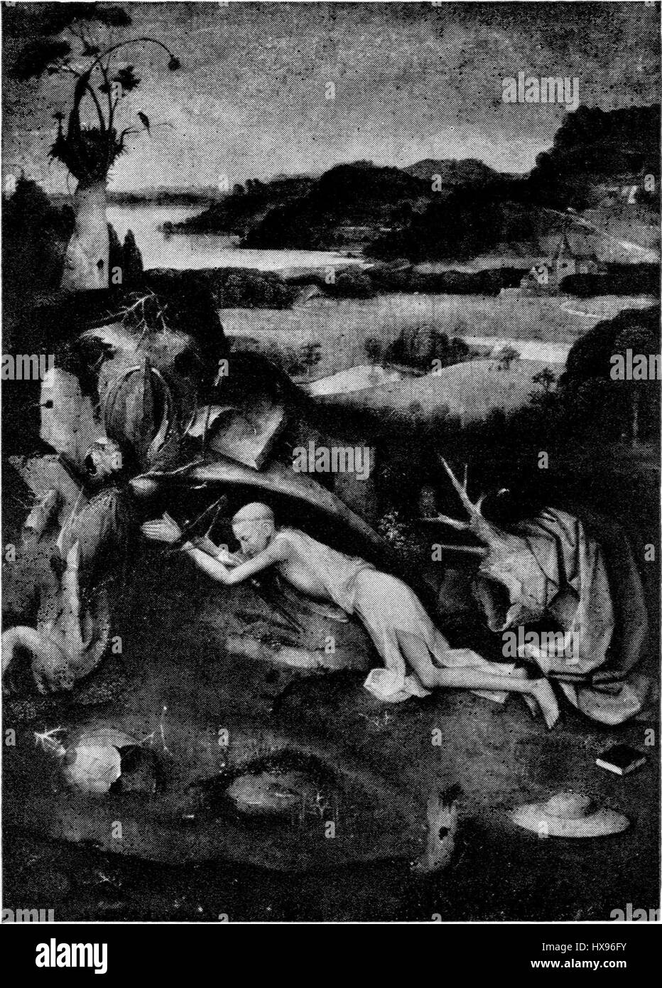 Questa rappresentazione di San Girolamo, creata da Hieronymus Bosch, mostra la figura iconica in un momento di studio e contemplazione. L'opera mette in risalto lo stile surreale caratteristico di Bosch, mescolando temi religiosi con immagini vivide e simboliche. Foto Stock Questa rappresentazione di San Girolamo, creata da Hieronymus Bosch, mostra la figura iconica in un momento di studio e contemplazione. L'opera mette in risalto lo stile surreale caratteristico di Bosch, mescolando temi religiosi con immagini vivide e simboliche. Foto Stock