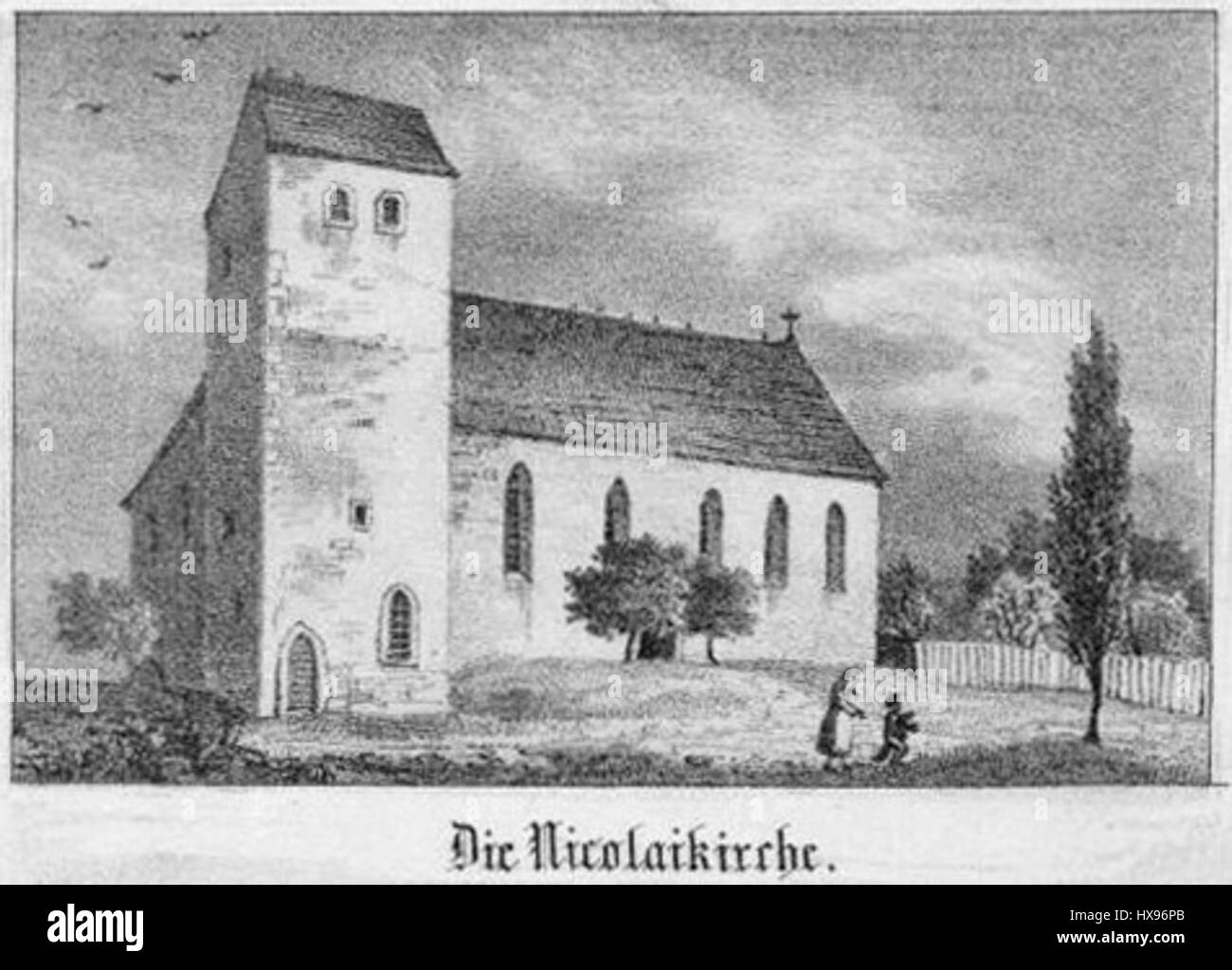 Nikolaikirche Grimma, una volta importante chiesa nella città di Grimma, in Germania, fu demolita nel 1888. La chiesa fu una parte fondamentale della storia architettonica della città, riflettendo lo stile gotico comune nella regione durante quel periodo. Foto Stock