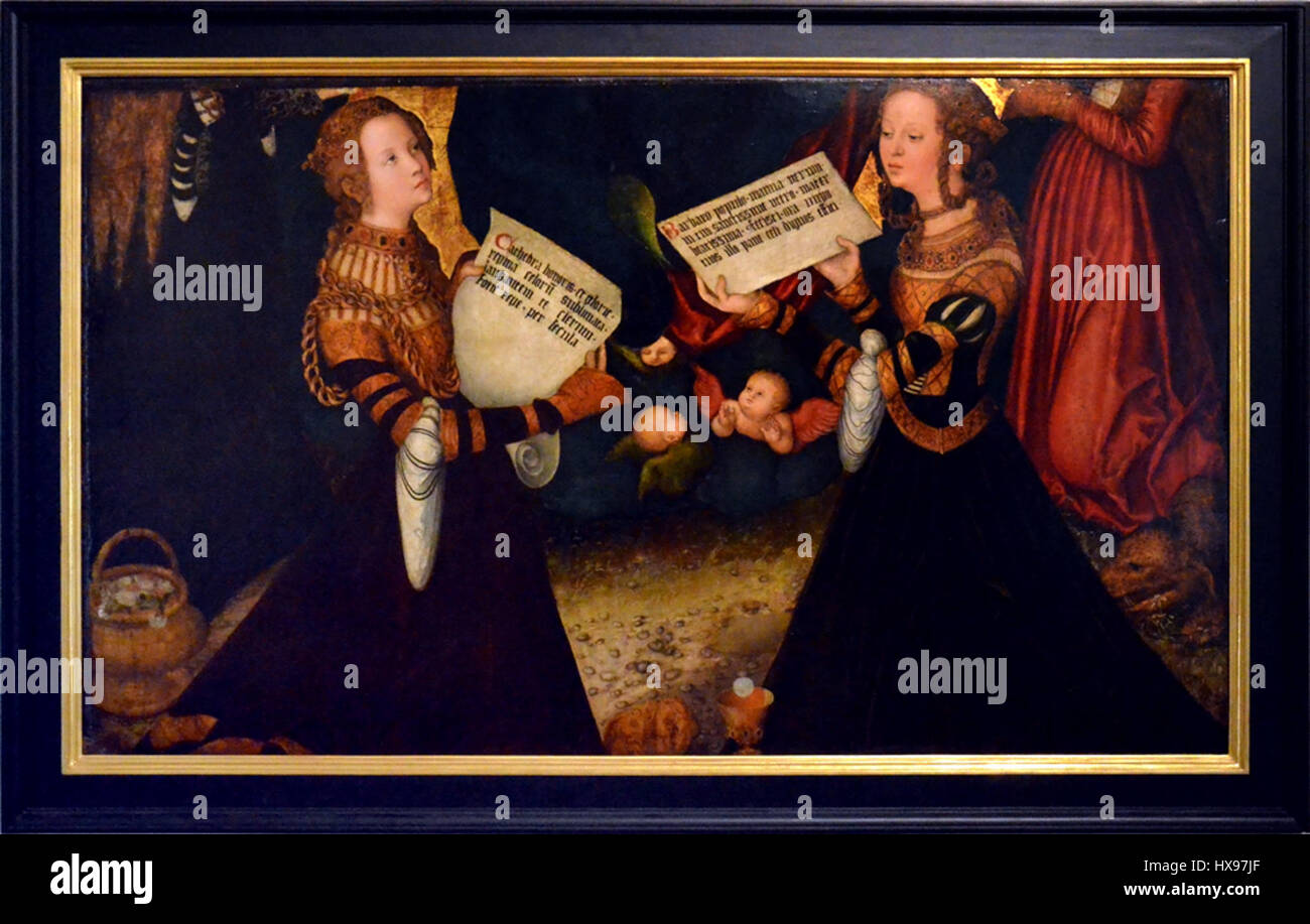 Questa opera raffigura due santi: Santa Caterina e Santa Barbara, figure significative nell'iconografia cristiana. Santa Caterina è spesso associata alla saggezza, mentre Santa Barbara è un simbolo di protezione, ed entrambi erano soggetti popolari nell'arte religiosa. Foto Stock