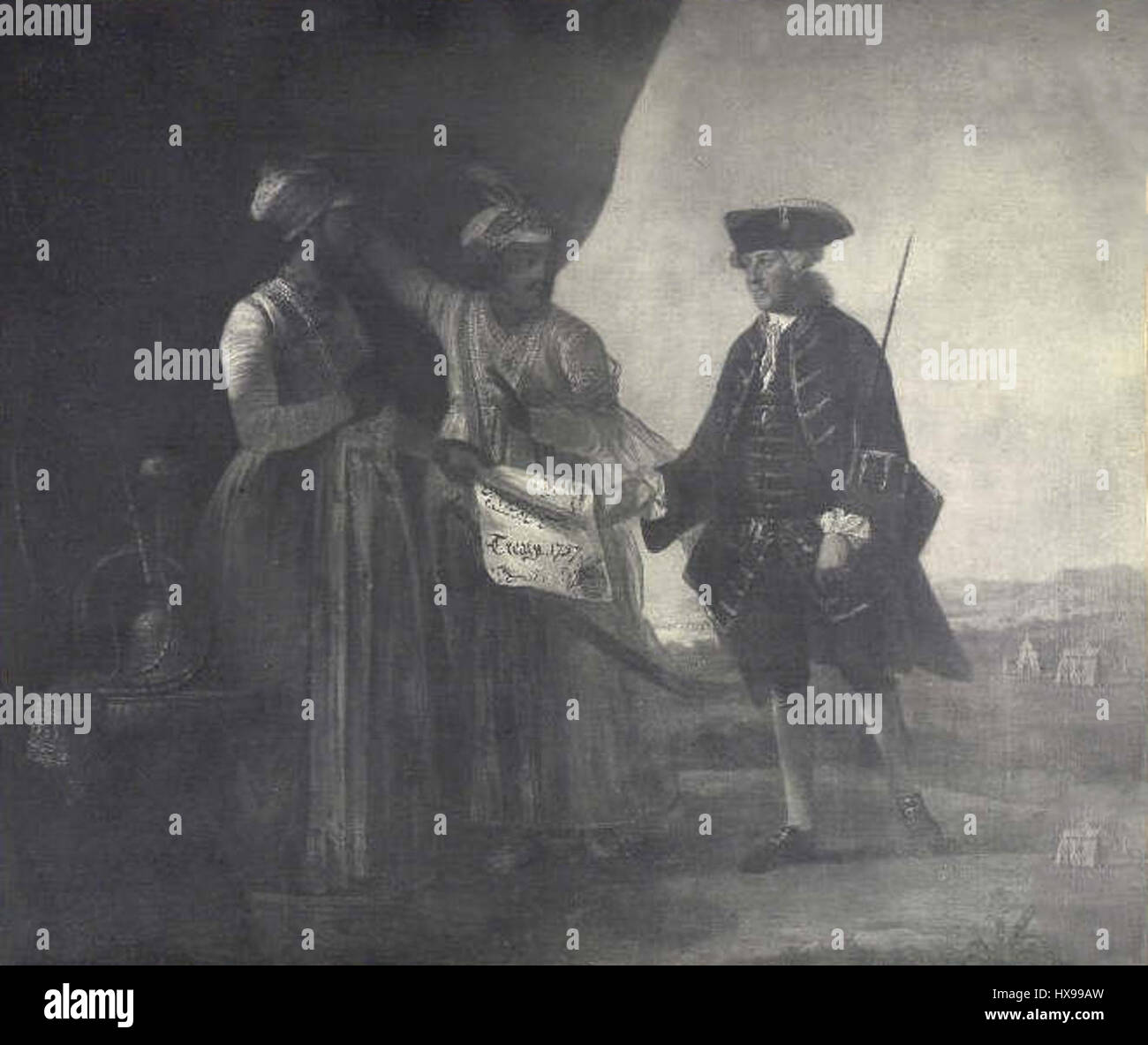 Mir Jafar e suo figlio Miran sono mostrati consegnare il trattato del 1757 a William Watts. Questo evento storico segnò un momento significativo nell'India coloniale, dove il potere politico si spostò a seguito del coinvolgimento della compagnia britannica delle Indie Orientali. Foto Stock