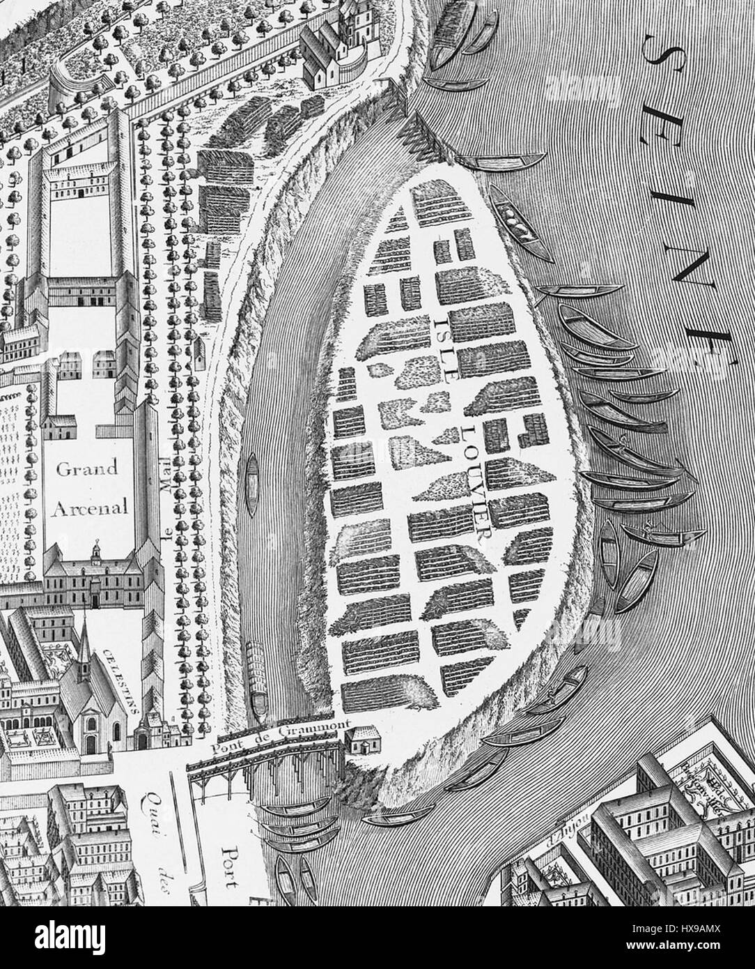 Questa mappa dettagliata di Louviers, Francia, dal piano di Turgot (1734-1736), mostra il layout e lo sviluppo della città durante il XVIII secolo. Si tratta di un documento fondamentale per comprendere la pianificazione urbana del SER. Foto Stock