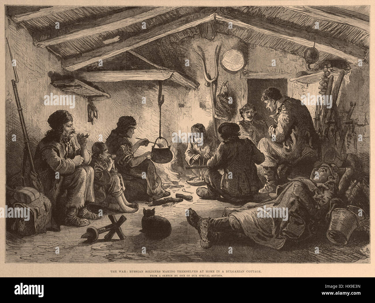Soldati russi facendo di se stessi a casa in un cottage bulgaro Foto Stock