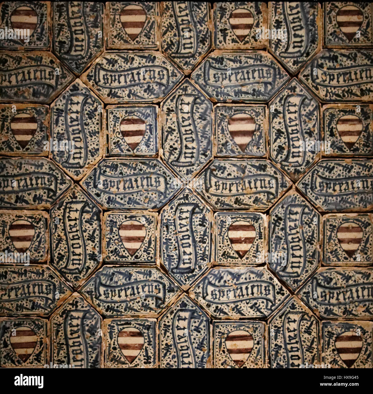 Questa immagine mostra una sezione di un pavimento piastrellato con uno stemma. Tali pavimenti erano spesso usati in ambienti nobili o religiosi, enfatizzando lo status e l'araldica attraverso il disegno simbolico. Foto Stock